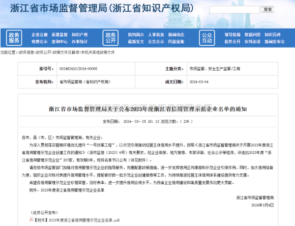 草莓视频在线免费入选2023年度浙江省信用管理示范企业名单