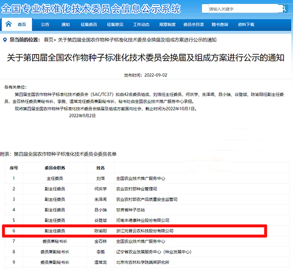 董事长陈渝阳入选全国农作物草莓视频黄色污软件视频标准化技术委员会副主任委员